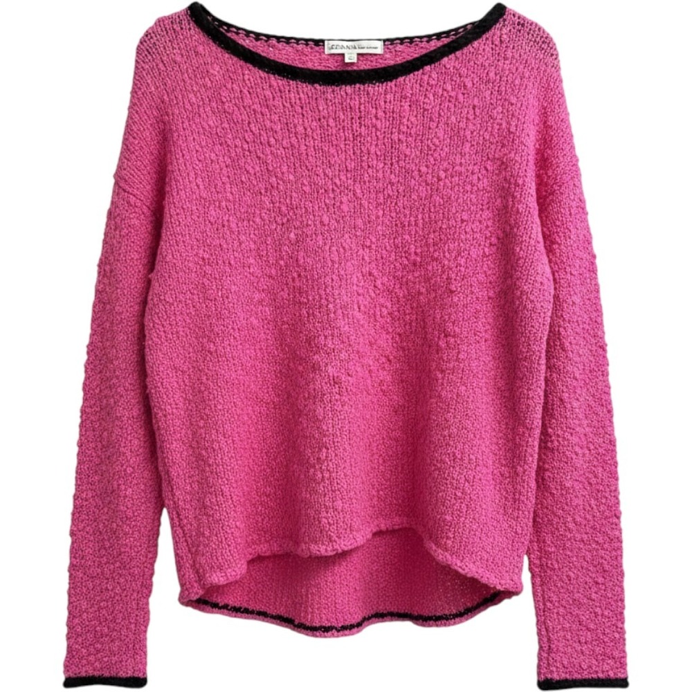 Zenana Hot Pink Popcorn Knit Sweater Black Trim Slouchy Boat Neck Small